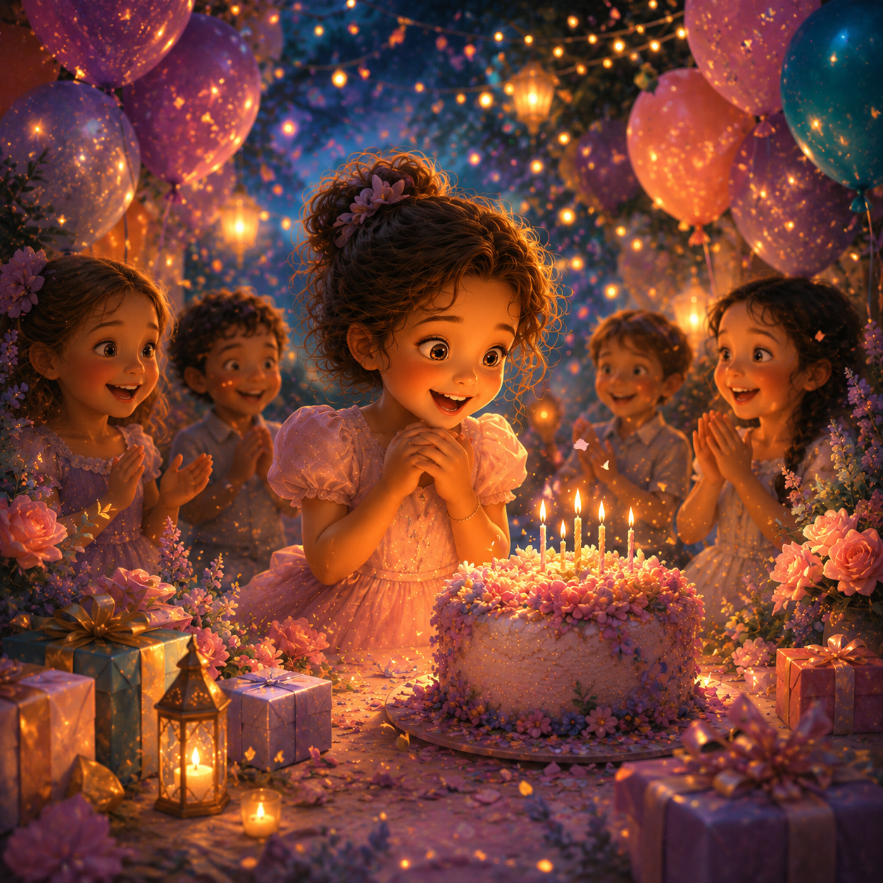 Birthdays & Celebrations Personalized children’s storybook illustration of a child enjoying a joyful and magical birthday celebration.