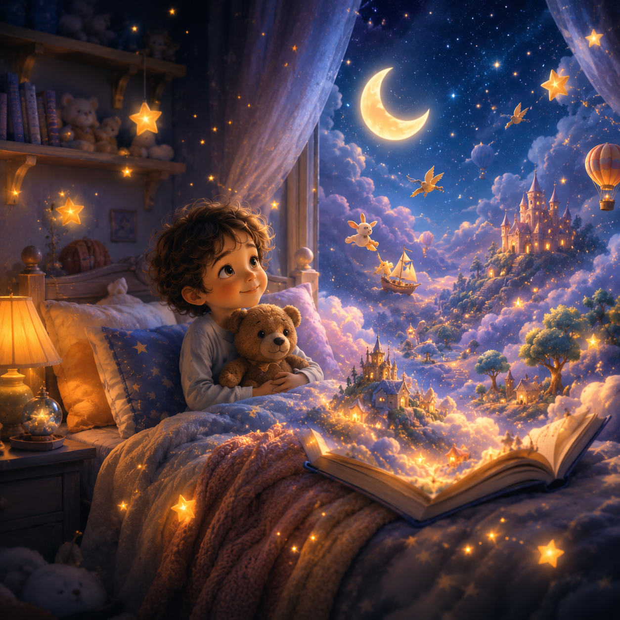 Bedtime & Dreams Personalized bedtime storybook illustration of a child surrounded by comforting dreams, stars, and gentle nighttime magic.