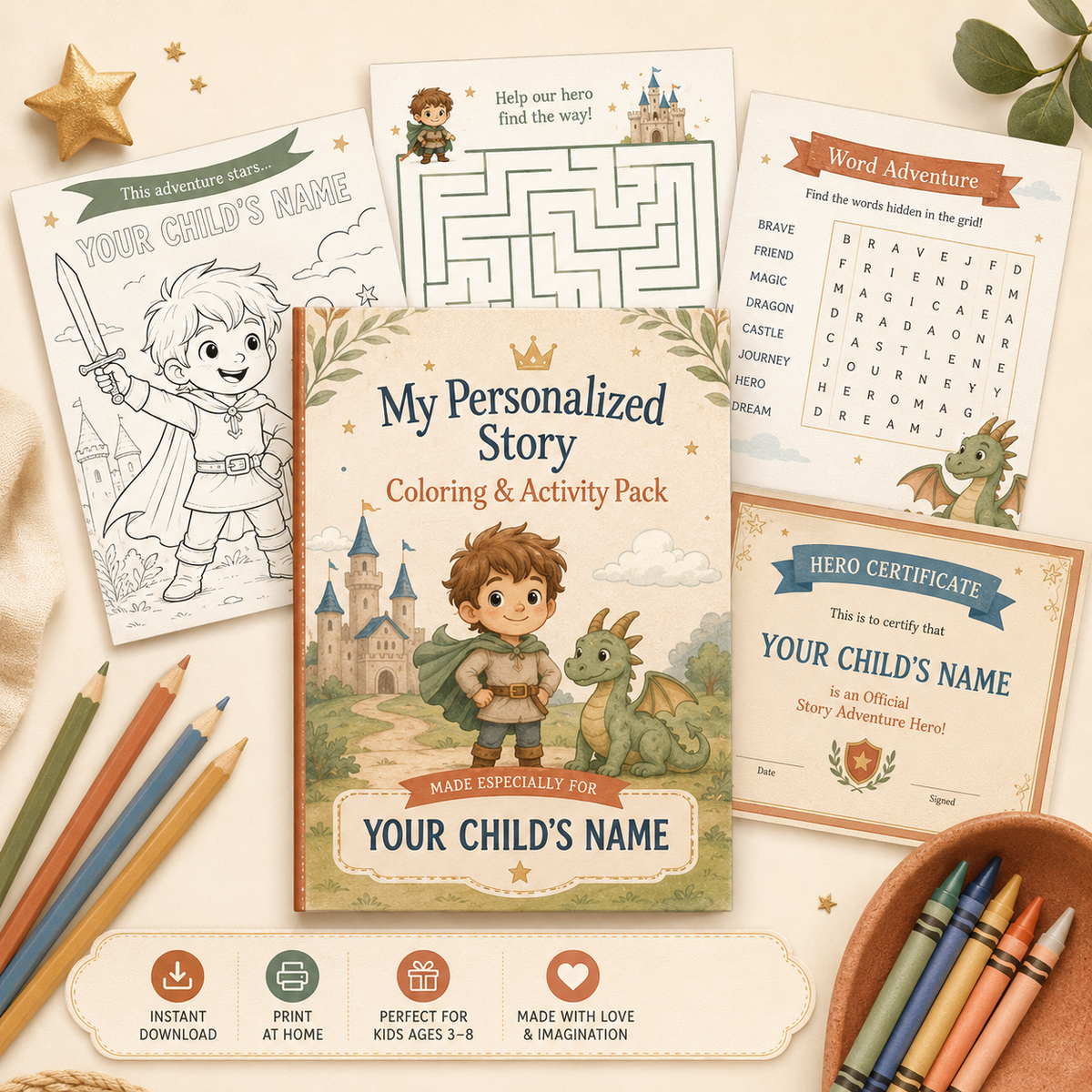 BAMBBENO personalized coloring and activity pack with printable coloring pages, maze, word activity and hero certificate
