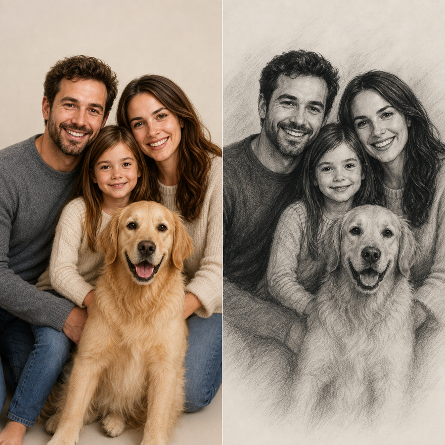 Family photo transformed into a personalized charcoal portrait