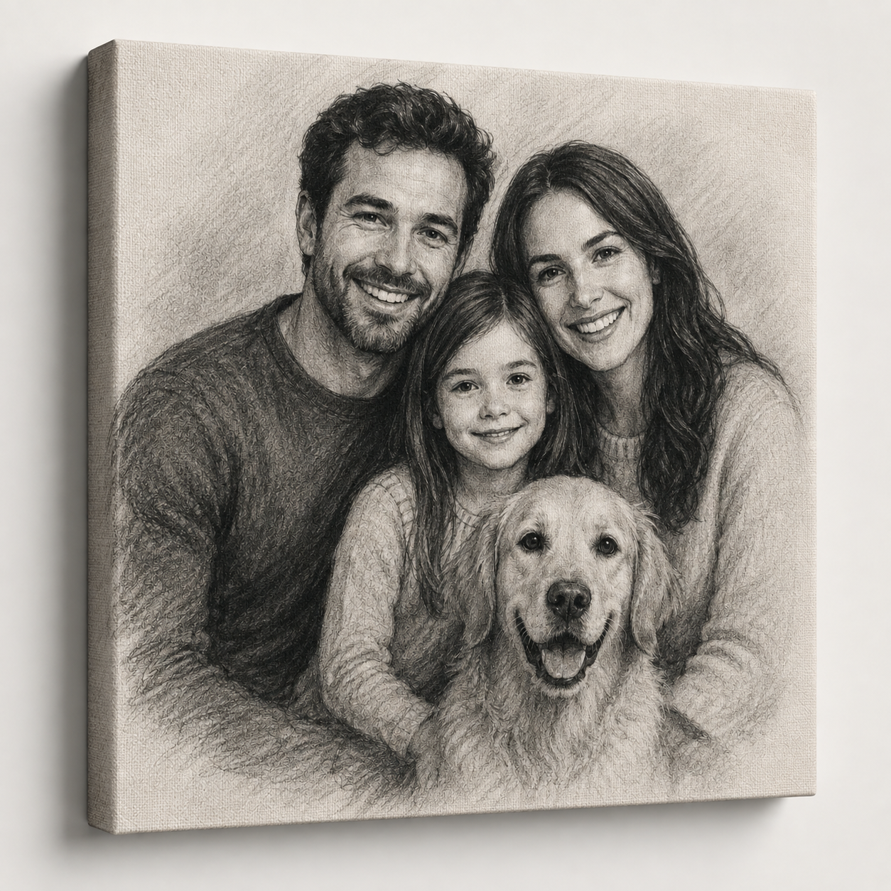 Personalized charcoal portrait printed on an unframed canvas