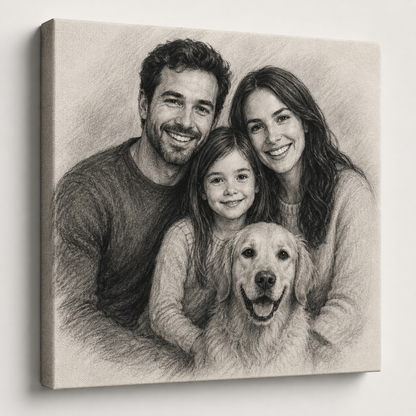 Personalized charcoal portrait printed on an unframed canvas