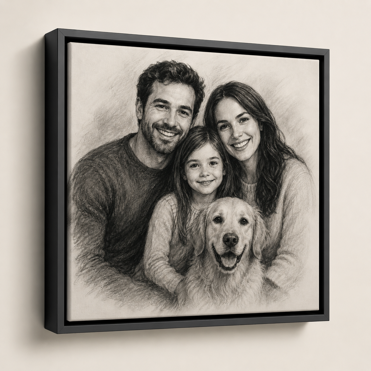 Personalized charcoal portrait on a floating framed canvas