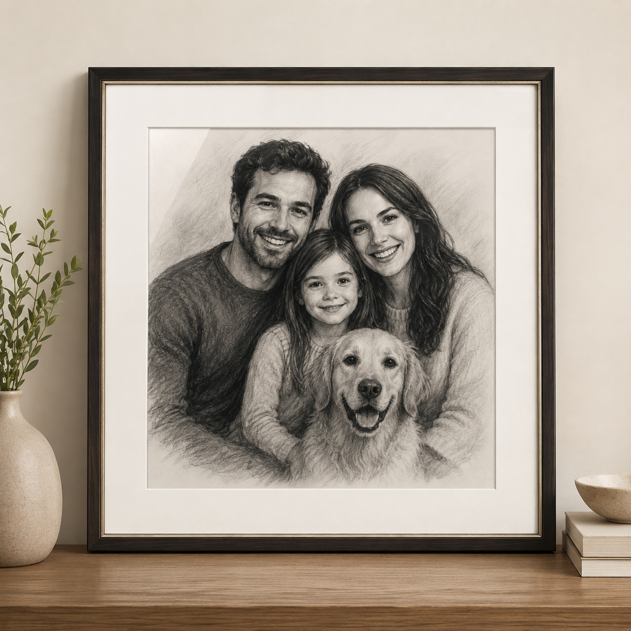 Personalized charcoal portrait as a framed poster with mat border