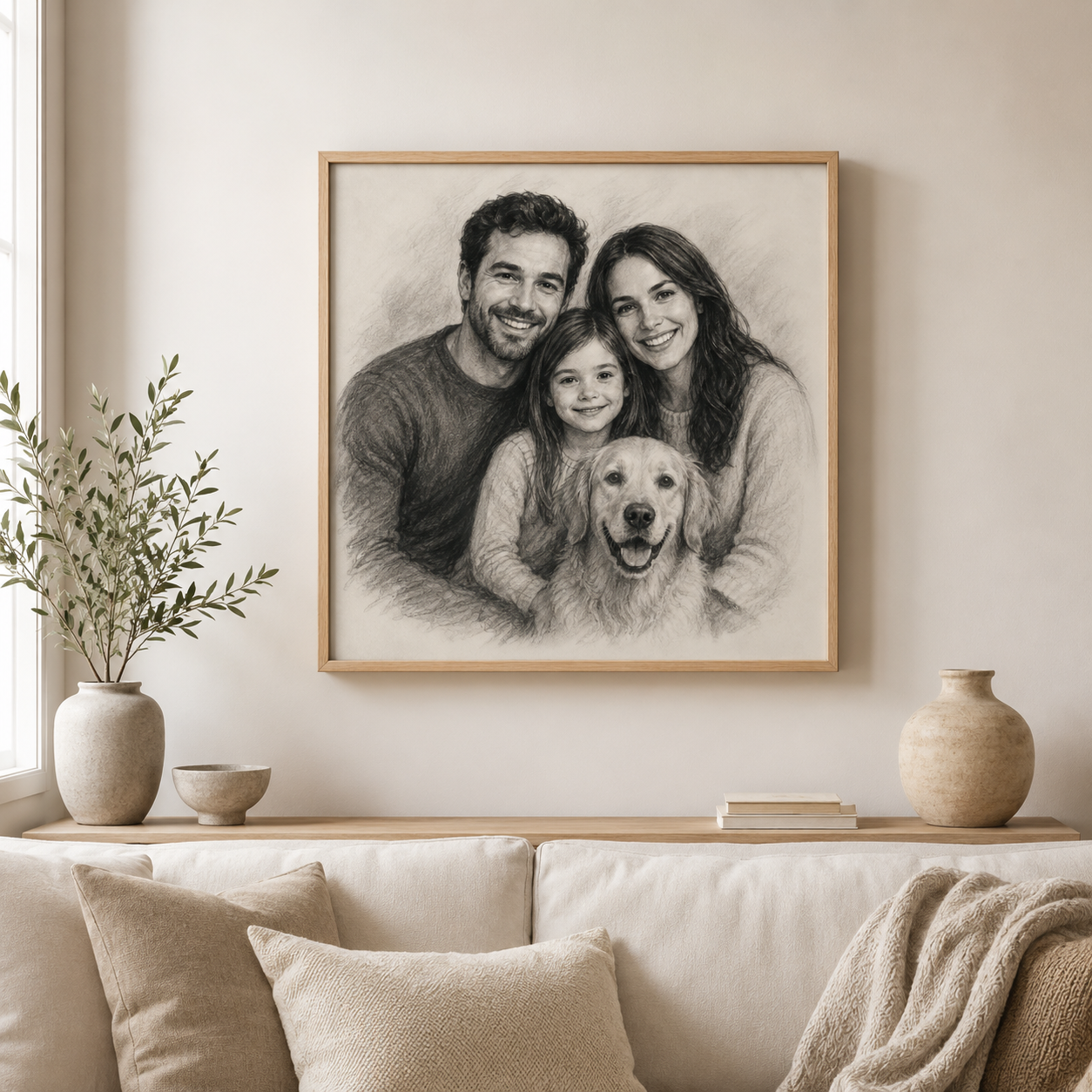 Charcoal family portrait displayed in a neutral living room