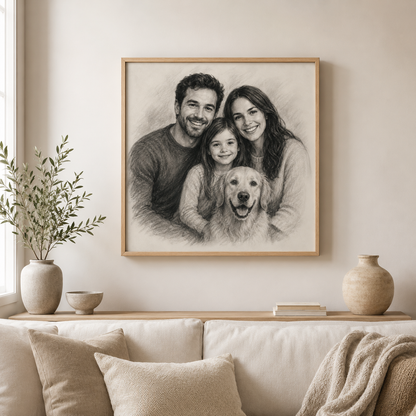 Charcoal family portrait displayed in a neutral living room