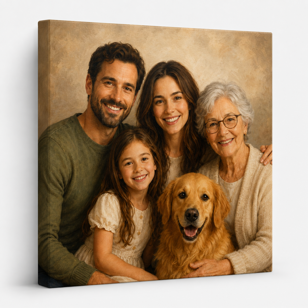 Personalized family photo merge portrait printed on an unframed canvas