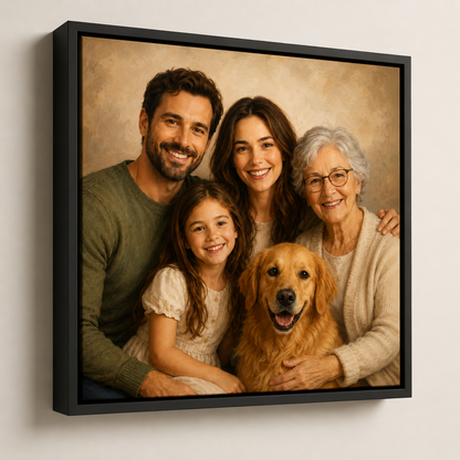 Personalized family photo merge portrait on a black floating framed canvas