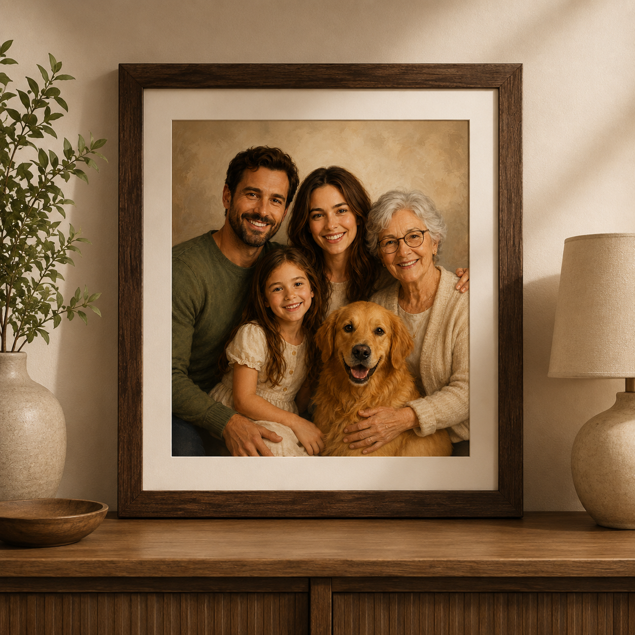 Personalized family photo merge portrait as a framed poster with mat border