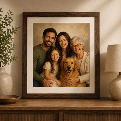 Personalized family photo merge portrait as a framed poster with mat border
