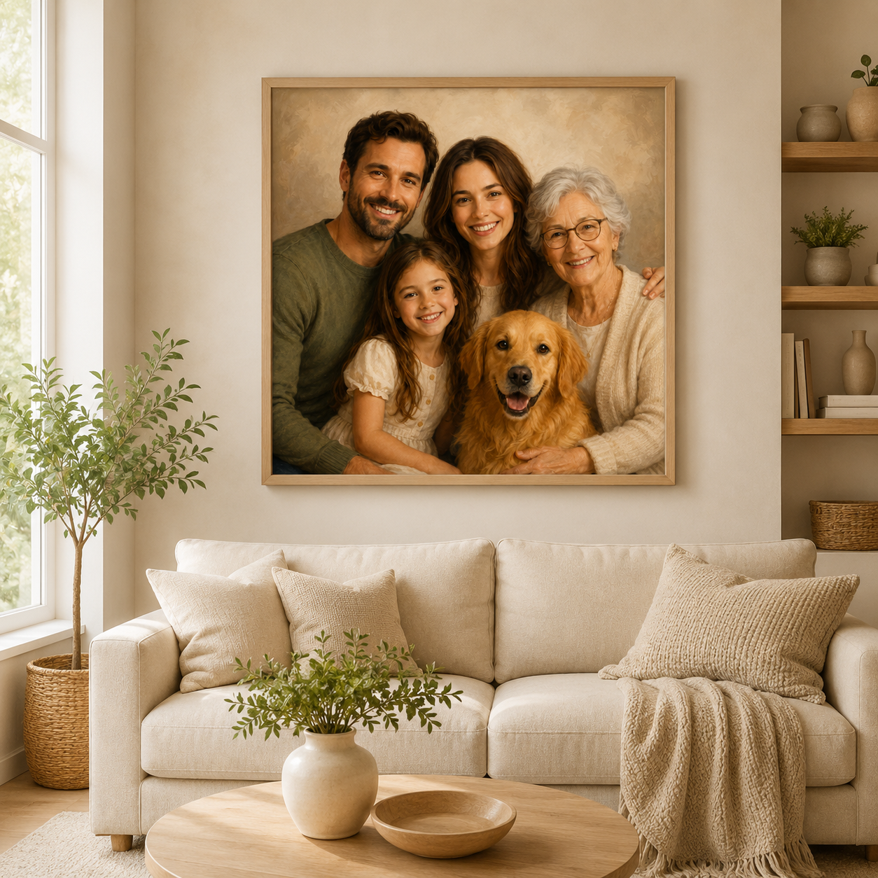 Personalized family photo merge portrait displayed in a warm neutral living room