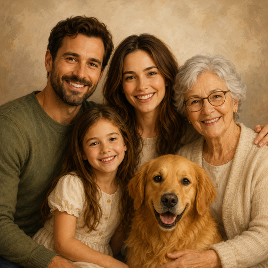 Personalized family photo merge portrait with multiple generations and dog