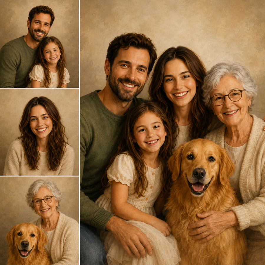 Separate family photos combined into one personalized family portrait