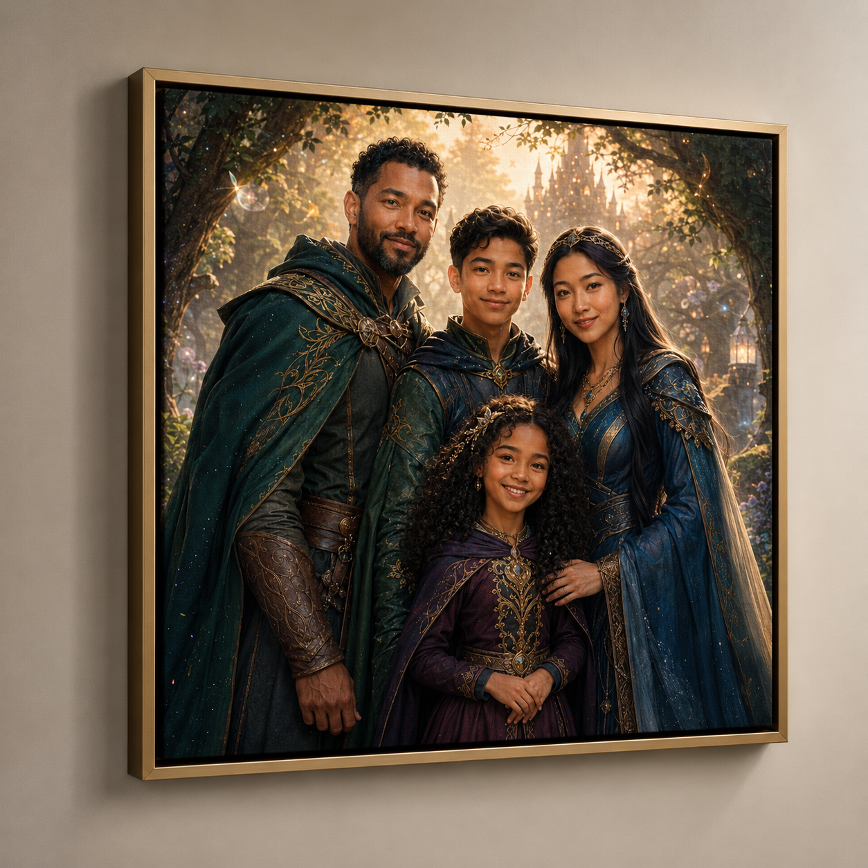 Personalized fantasy portrait on a gold floating framed canvas