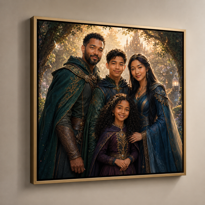 Personalized fantasy portrait on a gold floating framed canvas
