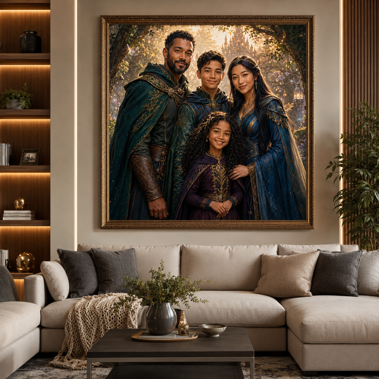 Fantasy family portrait displayed in a premium living room