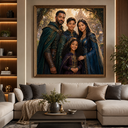 Fantasy family portrait displayed in a premium living room