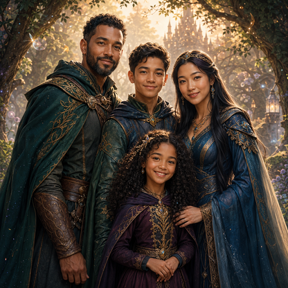 Personalized fantasy family portrait in an enchanted kingdom