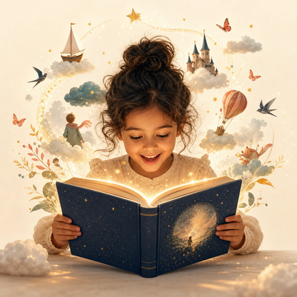 Personalized child reading magic storybook hero image