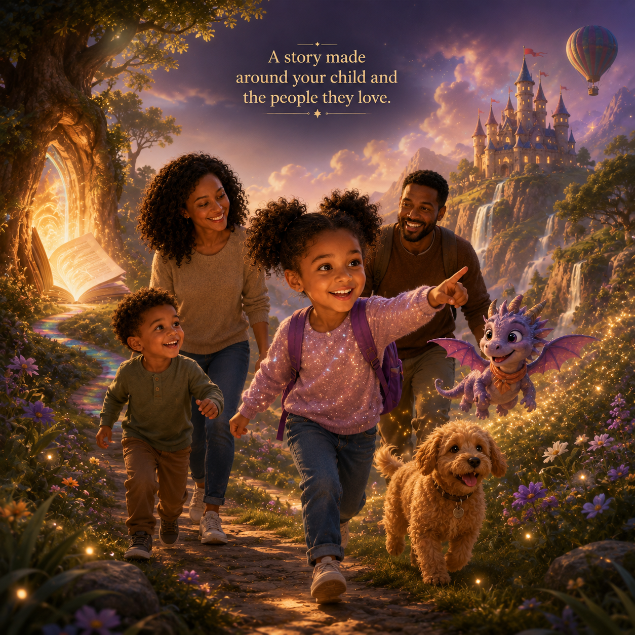 Your Story, Your Way custom family adventure experience image showing the same girl leading her mother, father, younger brother, and golden puppy through a magical personalized story world made around the child and the people she loves