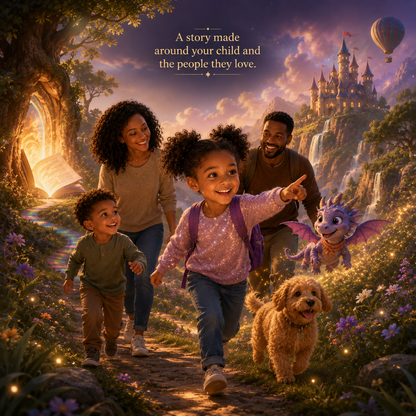 Your Story, Your Way custom family adventure experience image showing the same girl leading her mother, father, younger brother, and golden puppy through a magical personalized story world made around the child and the people she loves