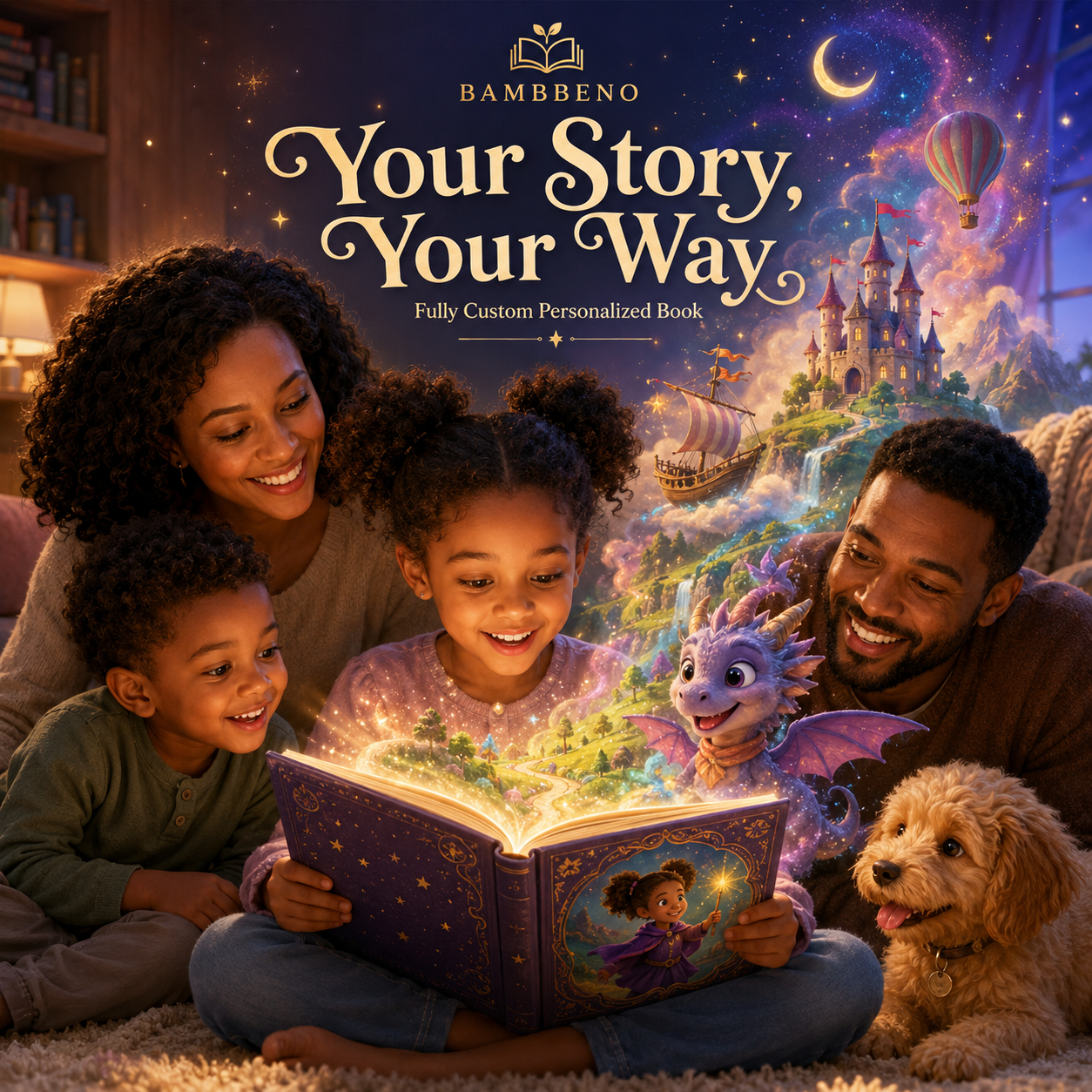 Your Story, Your Way fully custom personalized book hero image featuring a 6-year-old warm brown-skinned girl reading a glowing BAMBBENO storybook with her mother, father, younger brother, and golden puppy as a magical custom story world emerges from the pages